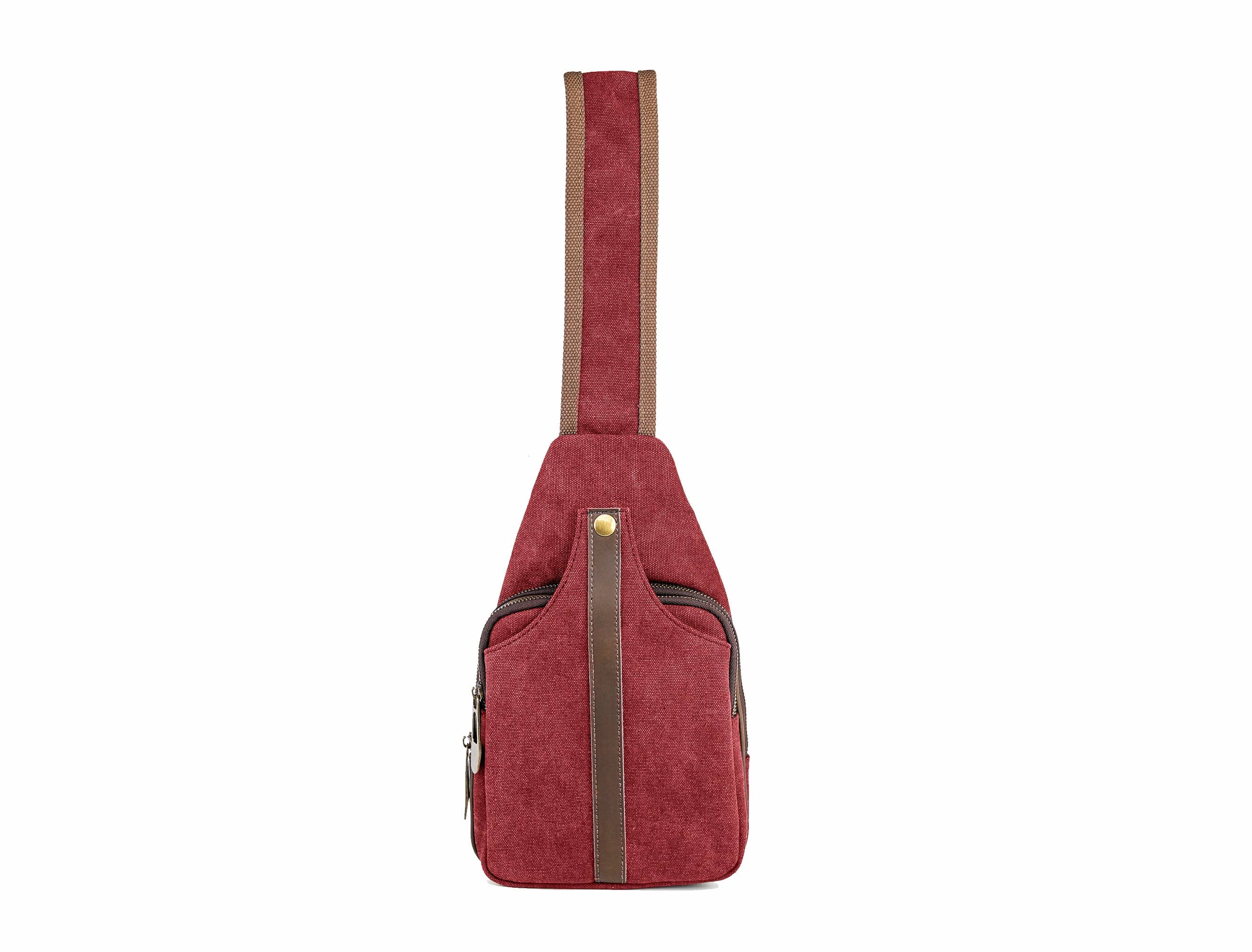 red color crossbody zip bag with leather accents