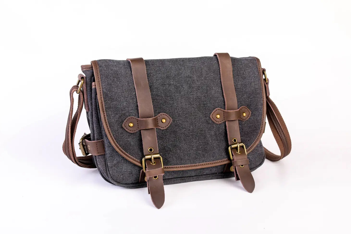 dark grey messenger type bag with two snap closures