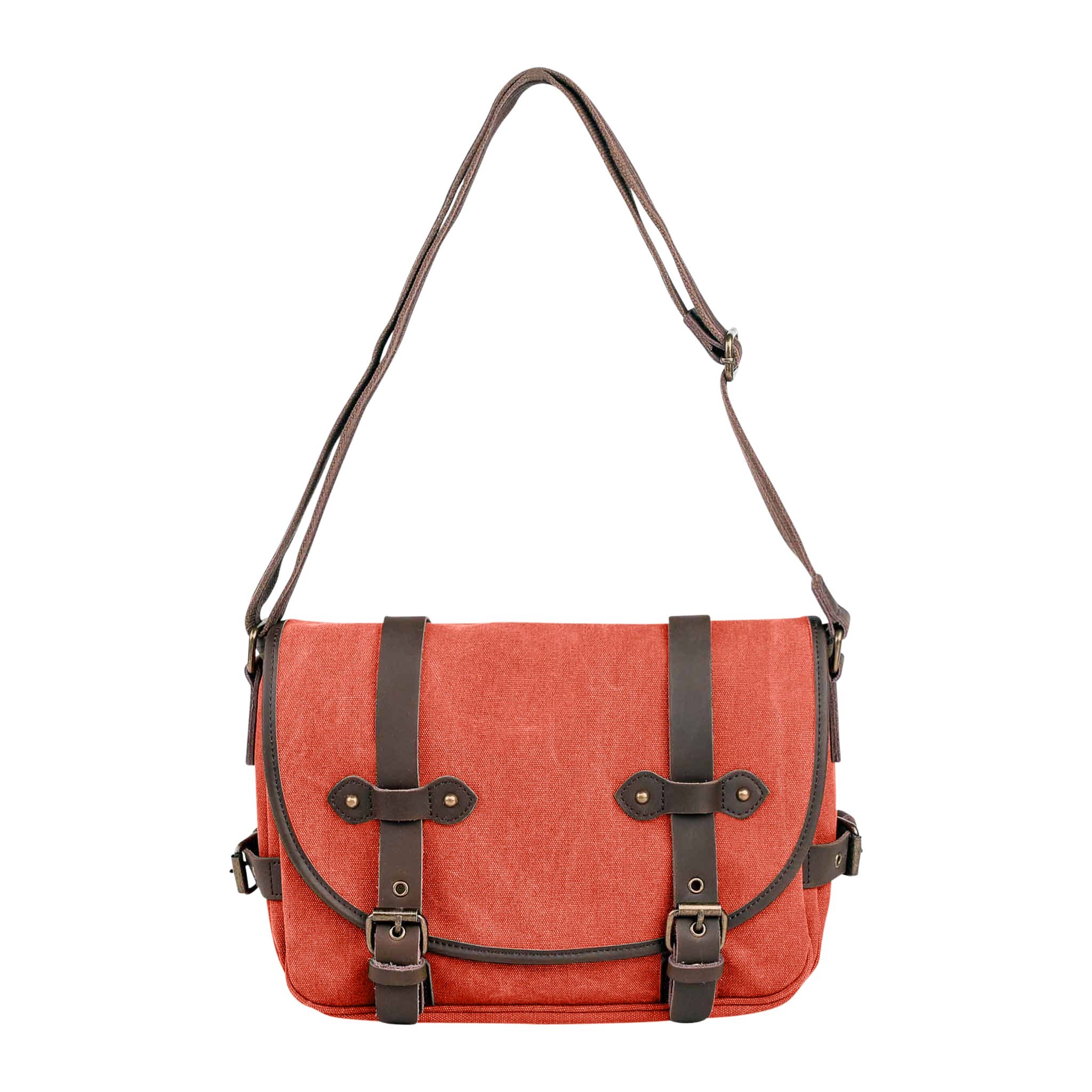 coral colored messenger type bag