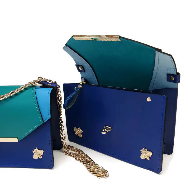 blue gavi handbag shown slightly open