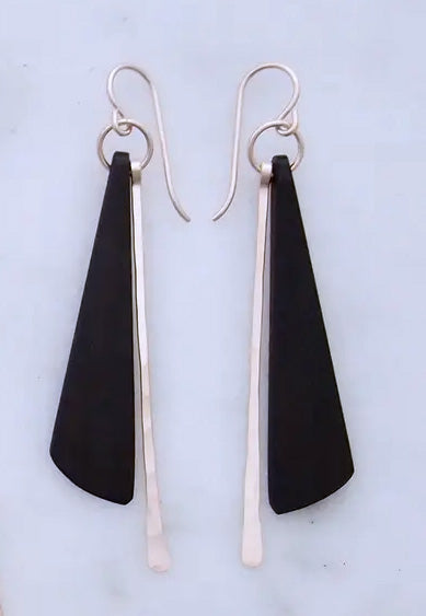 Two piece earrings with a silver stip and a triangle of ebony wood